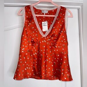 NWT Wayf Satin Red Floral Top with Lace
